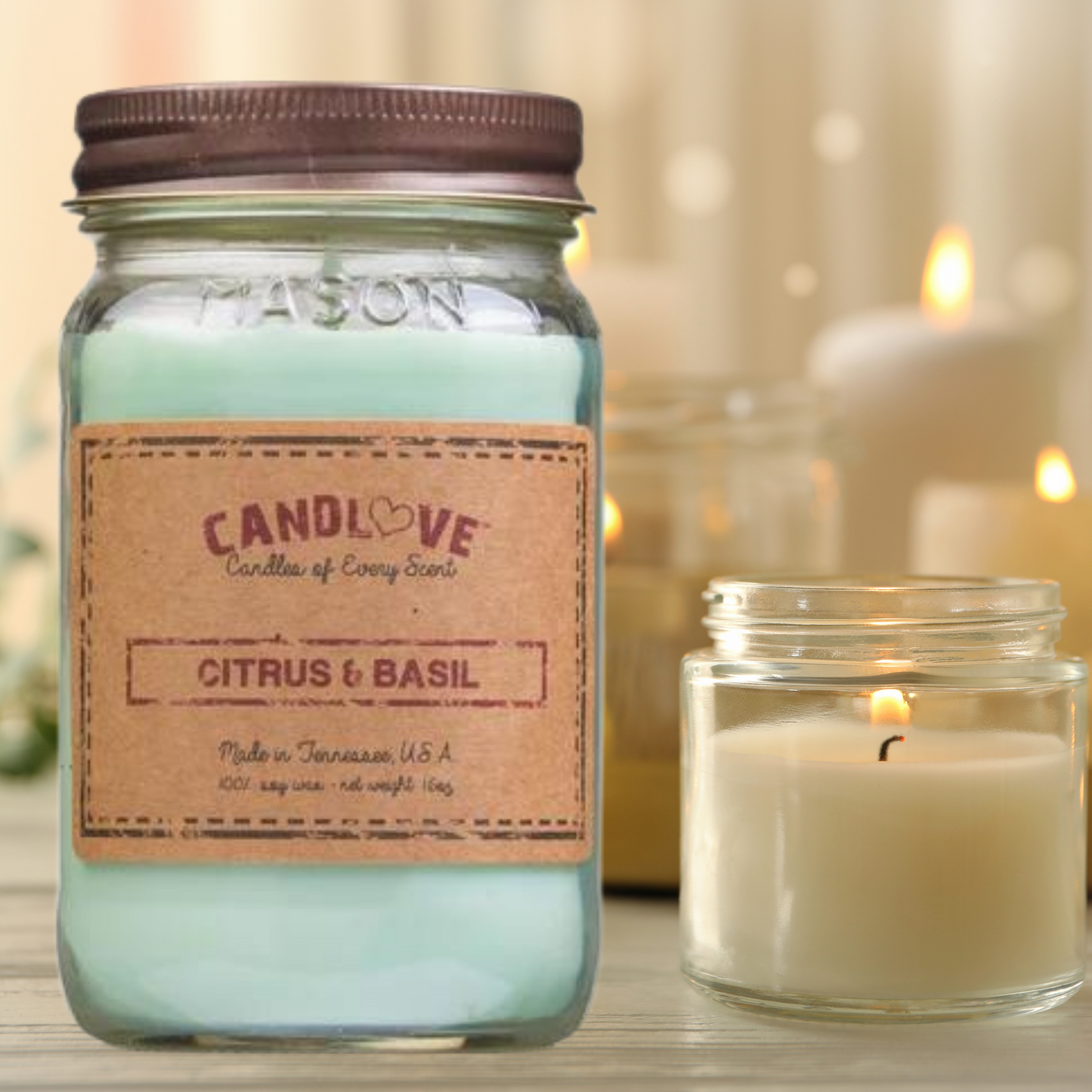 Candlove Citrus Basil Scented Candle - Non-Toxic 100% Soy Candle - Handmade & Hand Poured Long Burning Candle - Highly Scented All Natural Clean Burning Candle (16 OZ Mason Jar) Made in The USA