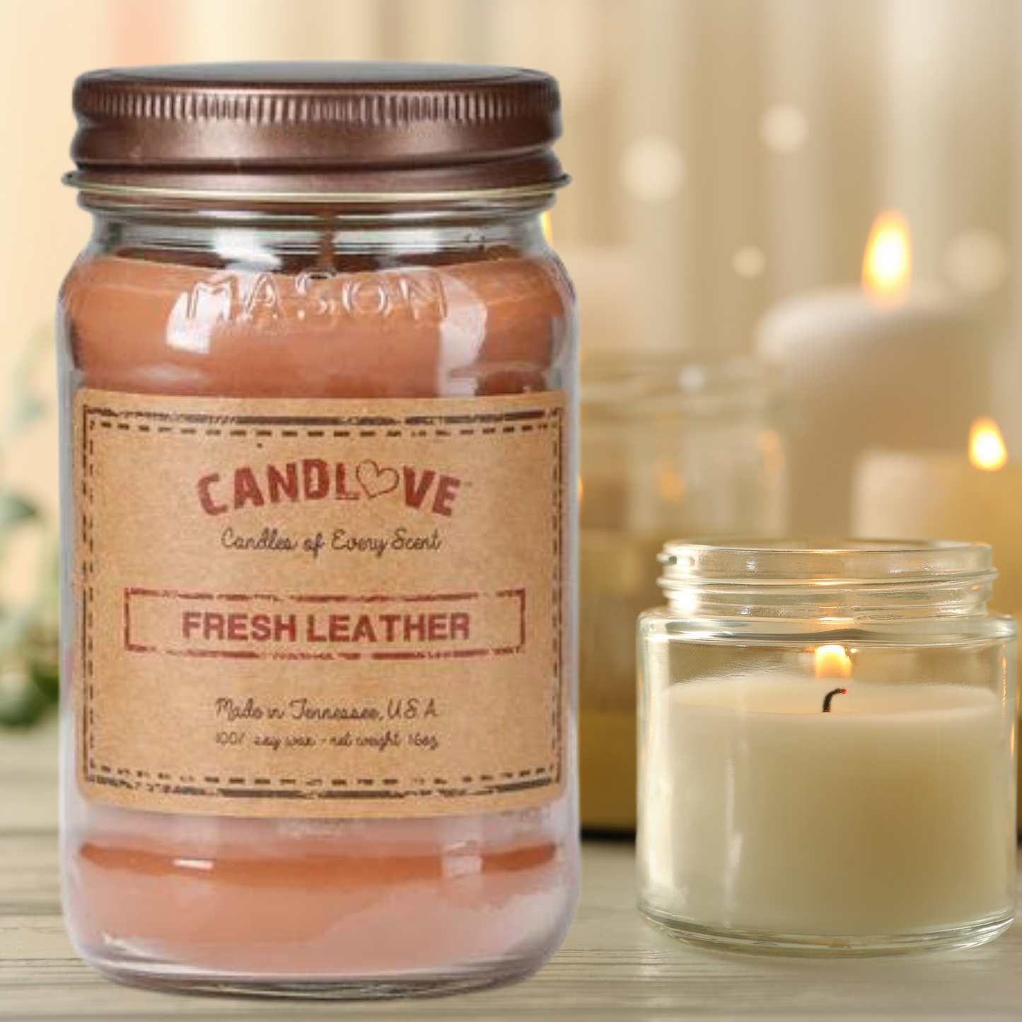 Candlove Fresh Leather Scented Candle - Non-Toxic 100% Soy Candle - Handmade & Hand Poured Long Burning Candle - Highly Scented All Natural Clean Burning Candle (16 OZ Mason Jar) Made in The USA