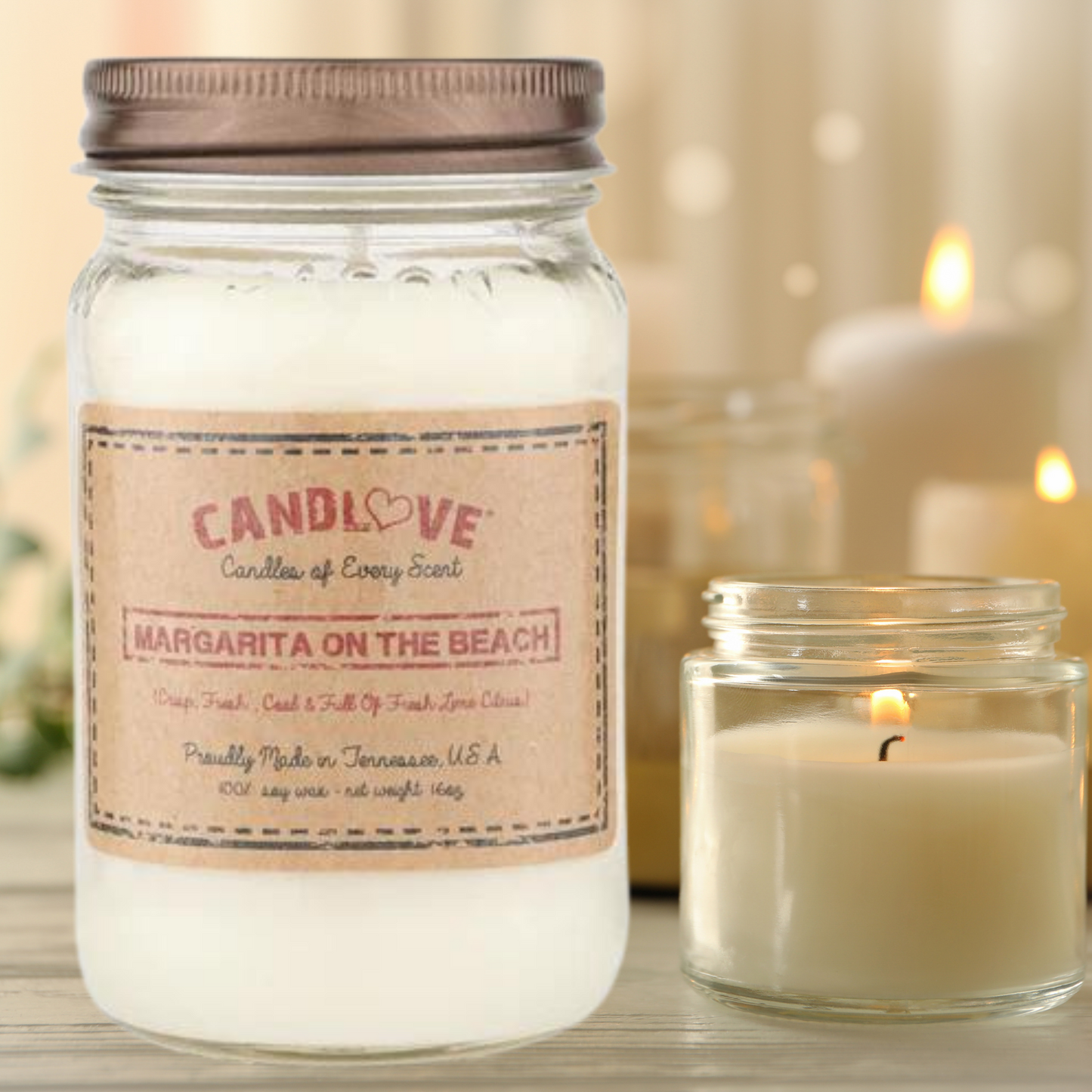 Candlove Margarita On The Beach Scented Candle - Non-Toxic 100% Soy Candle - Handmade & Hand Poured Long Burning Candle - Highly Scented All Natural Clean Burning Candle (16 OZ Mason Jar) Made in The USA