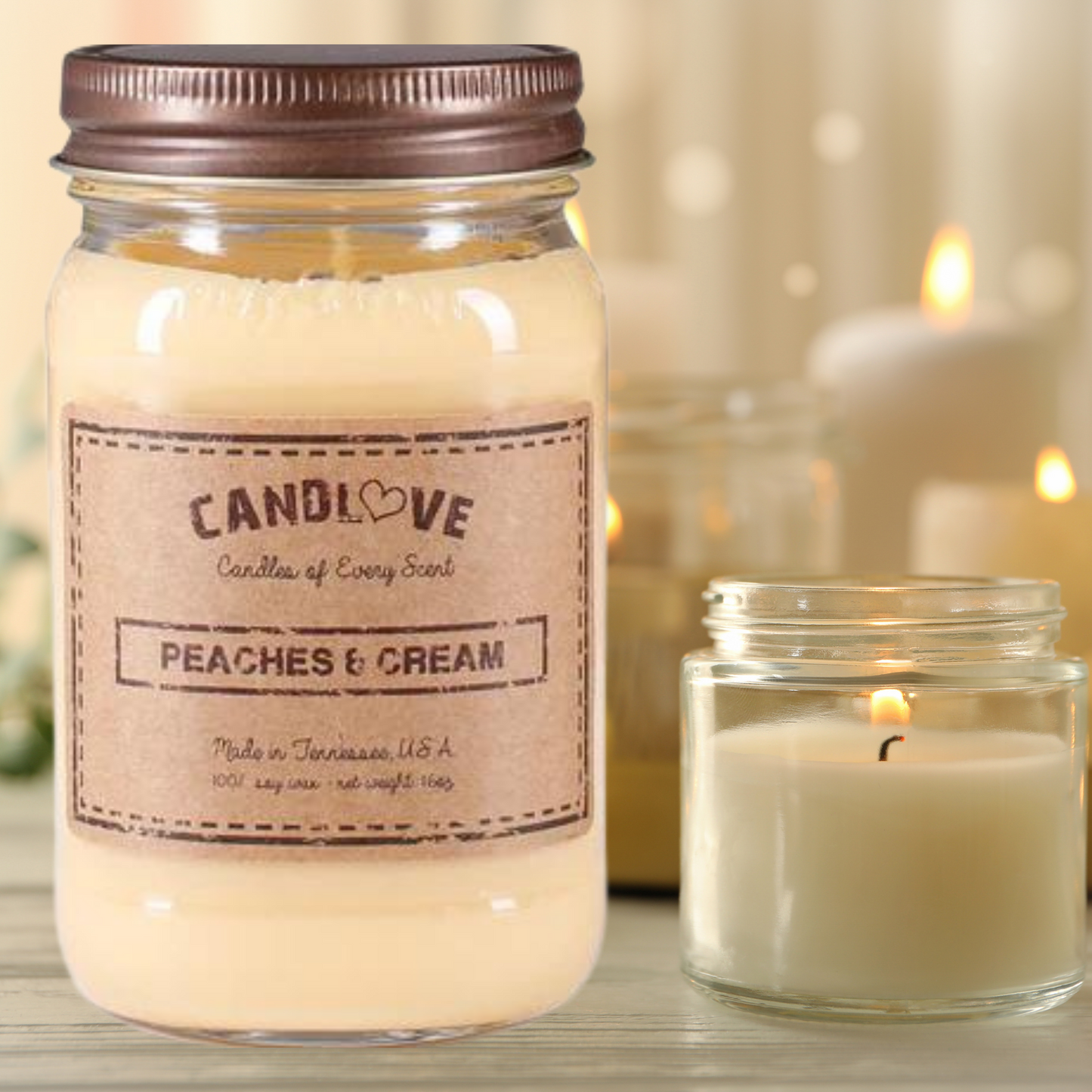 Candlove Peaches Cream Scented Candle - Non-Toxic 100% Soy Candle - Handmade & Hand Poured Long Burning Candle - Highly Scented All Natural Clean Burning Candle (16 OZ Mason Jar) Made in The USA
