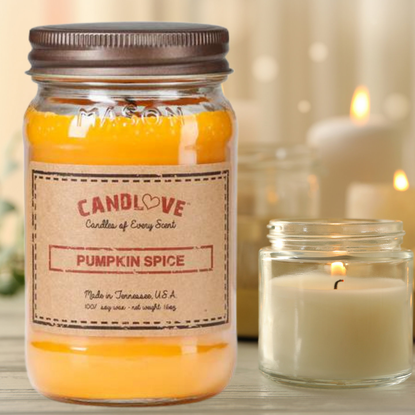 Candlove Pumpkin Spice Scented Candle - Non-Toxic 100% Soy Candle - Handmade & Hand Poured Long Burning Candle - Highly Scented All Natural Clean Burning Candle (16 OZ Mason Jar) Made in The USA