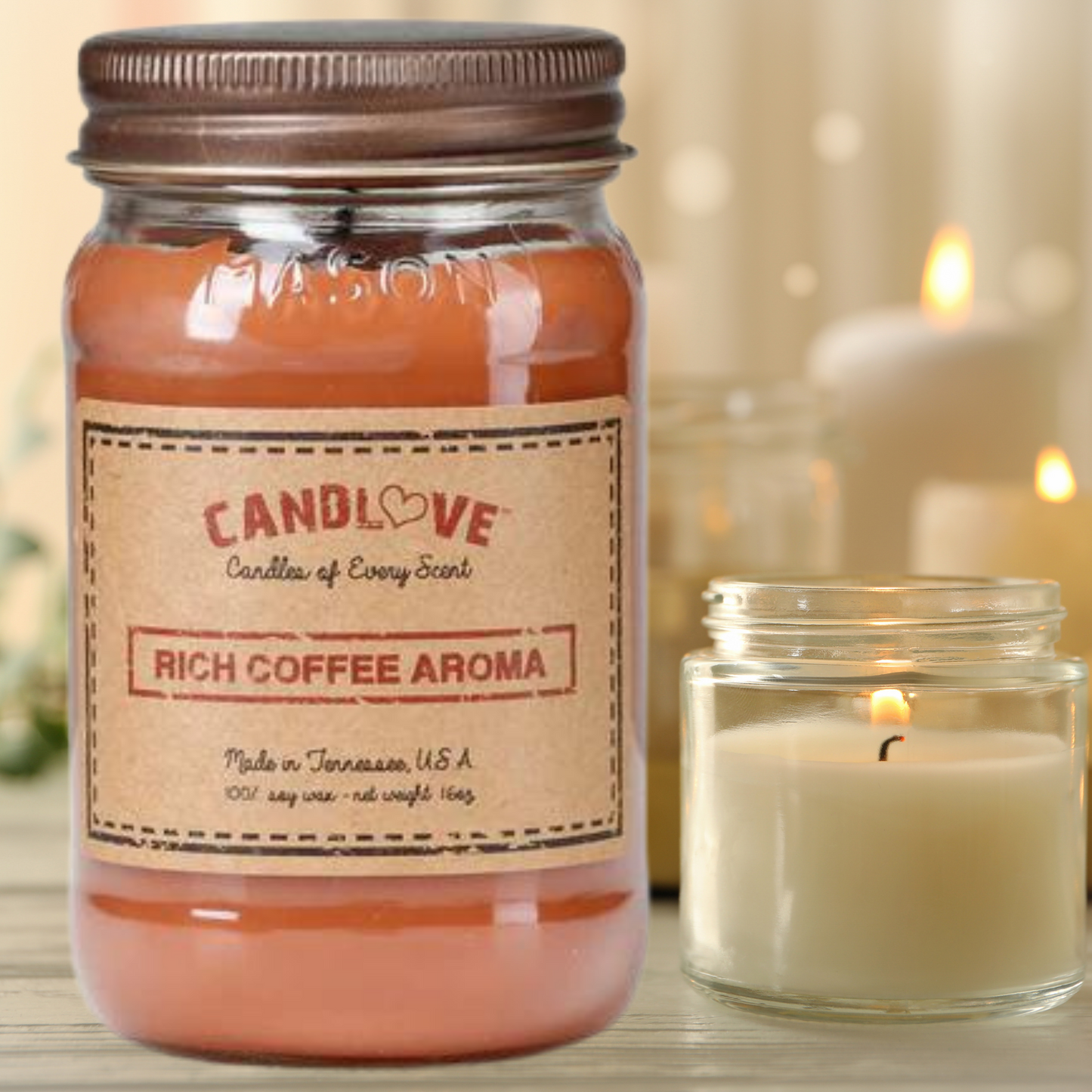 Candlove Rich Coffee Aroma Scented Candle - Non-Toxic 100% Soy Candle - Handmade & Hand Poured Long Burning Candle - Highly Scented All Natural Clean Burning Candle (16 OZ Mason Jar) Made in The USA