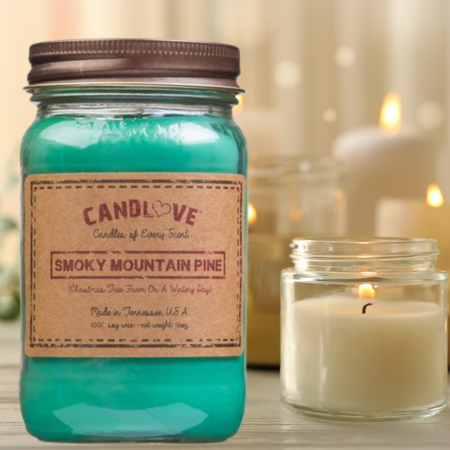 Candlove Smoky Mountain Pine Scented Candle - Non-Toxic 100% Soy Candle - Handmade & Hand Poured Long Burning Candle - Highly Scented All Natural Clean Burning Candle (16 OZ Mason Jar) Made in The USA