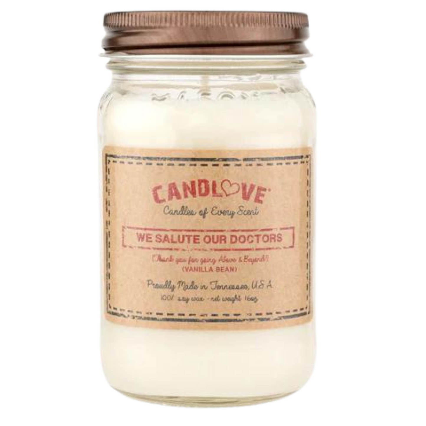 Candlove Vanilla We Salute Drs Scented Candle - Non-Toxic 100% Soy Candle - Handmade & Hand Poured Long Burning Candle - Highly Scented All Natural Clean Burning Candle (16 OZ Mason Jar) Made in The USA