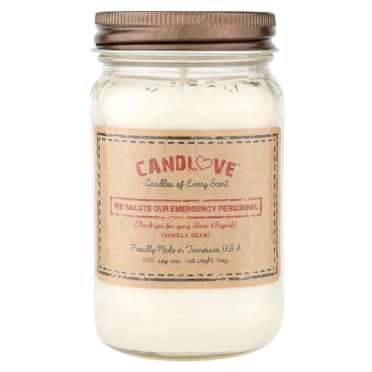 Candlove Vanilla We Salute Emergency Personell Scented Candle - Non-Toxic 100% Soy Candle - Handmade & Hand Poured Long Burning Candle - Highly Scented All Natural Clean Burning Candle (16 OZ Mason Jar) Made in The USA