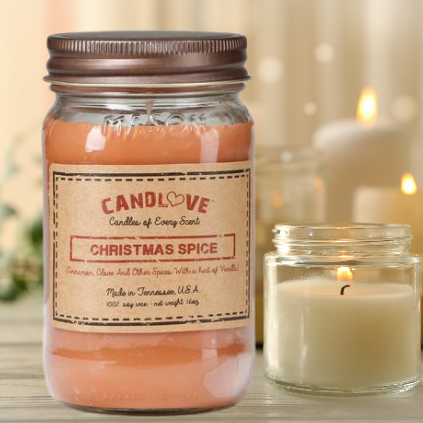 Candlove Christmas Spice Scented Candle - Non-Toxic 100% Soy Candle - Handmade & Hand Poured Long Burning Candle - Highly Scented All Natural Clean Burning Candle (16 OZ Mason Jar) Made in The USA