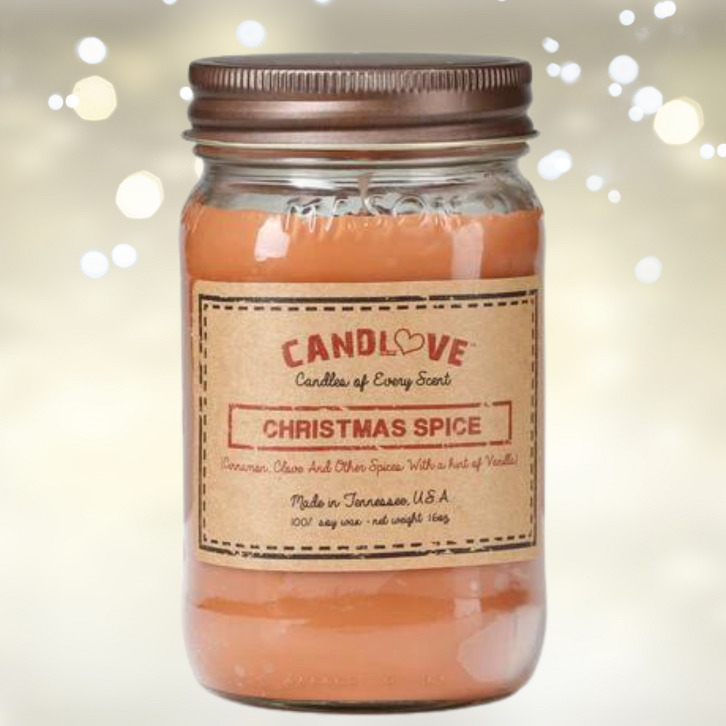 Candlove Christmas Spice Scented Candle - Non-Toxic 100% Soy Candle - Handmade & Hand Poured Long Burning Candle - Highly Scented All Natural Clean Burning Candle (16 OZ Mason Jar) Made in The USA