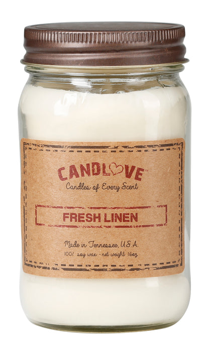 Candlove Fresh Linen Scented Candle - Non-Toxic 100% Soy Candle - Handmade & Hand Poured Long Burning Candle - Highly Scented All Natural Clean Burning Candle (16 OZ Mason Jar) Made in The USA