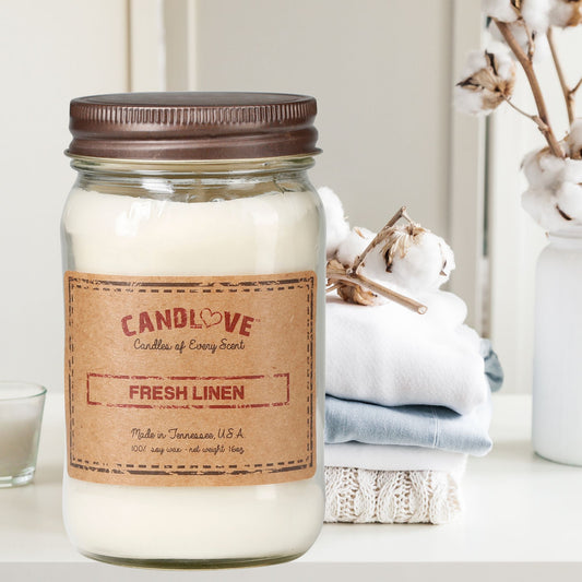 Candlove Fresh Linen Scented Candle - Non-Toxic 100% Soy Candle - Handmade & Hand Poured Long Burning Candle - Highly Scented All Natural Clean Burning Candle (16 OZ Mason Jar) Made in The USA