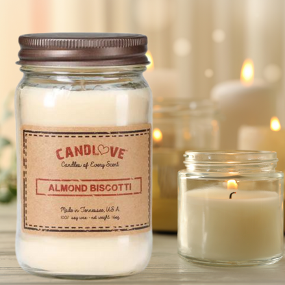 Candlove Almond Buscotti Scented Candle - Non-Toxic 100% Soy Candle - Handmade & Hand Poured Long Burning Candle - Highly Scented All Natural Clean Burning Candle (16 OZ Mason Jar) Made in The USA