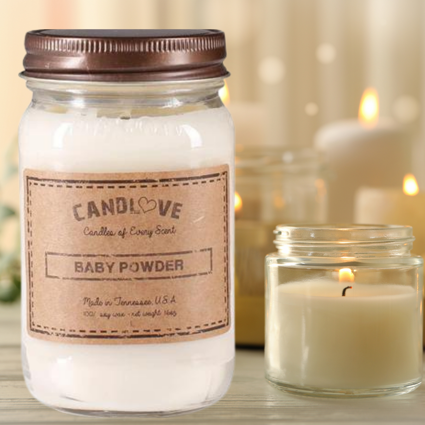 Candlove Baby Powder Scented Candle - Non-Toxic 100% Soy Candle - Handmade & Hand Poured Long Burning Candle - Highly Scented All Natural Clean Burning Candle (16 OZ Mason Jar) Made in The USA