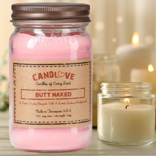 Candlove Butt Naked Scented Candle - Non-Toxic 100% Soy Candle - Handmade & Hand Poured Long Burning Candle - Highly Scented All Natural Clean Burning Candle (16 OZ Mason Jar) Made in The USA