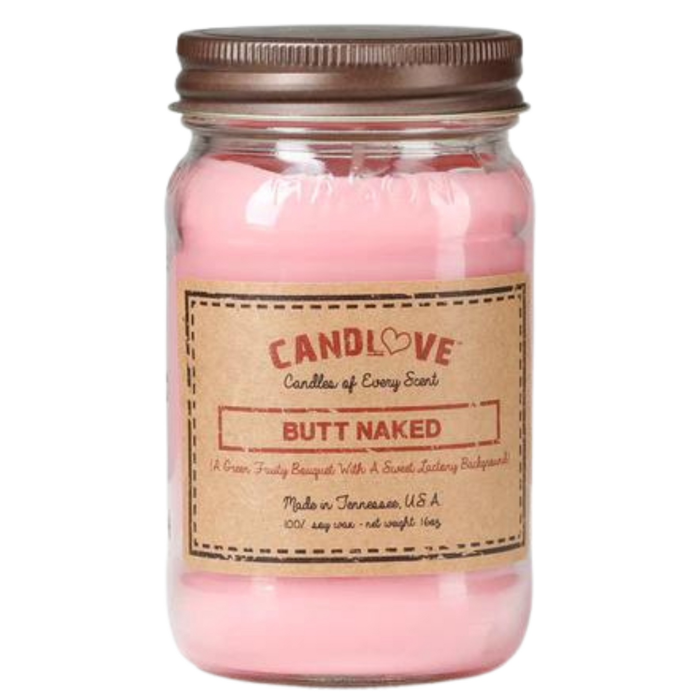 Candlove Butt Naked Scented Candle - Non-Toxic 100% Soy Candle - Handmade & Hand Poured Long Burning Candle - Highly Scented All Natural Clean Burning Candle (16 OZ Mason Jar) Made in The USA