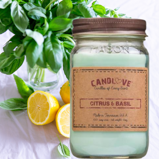 Candlove Citrus Basil Scented Candle - Non-Toxic 100% Soy Candle - Handmade & Hand Poured Long Burning Candle - Highly Scented All Natural Clean Burning Candle (16 OZ Mason Jar) Made in The USA