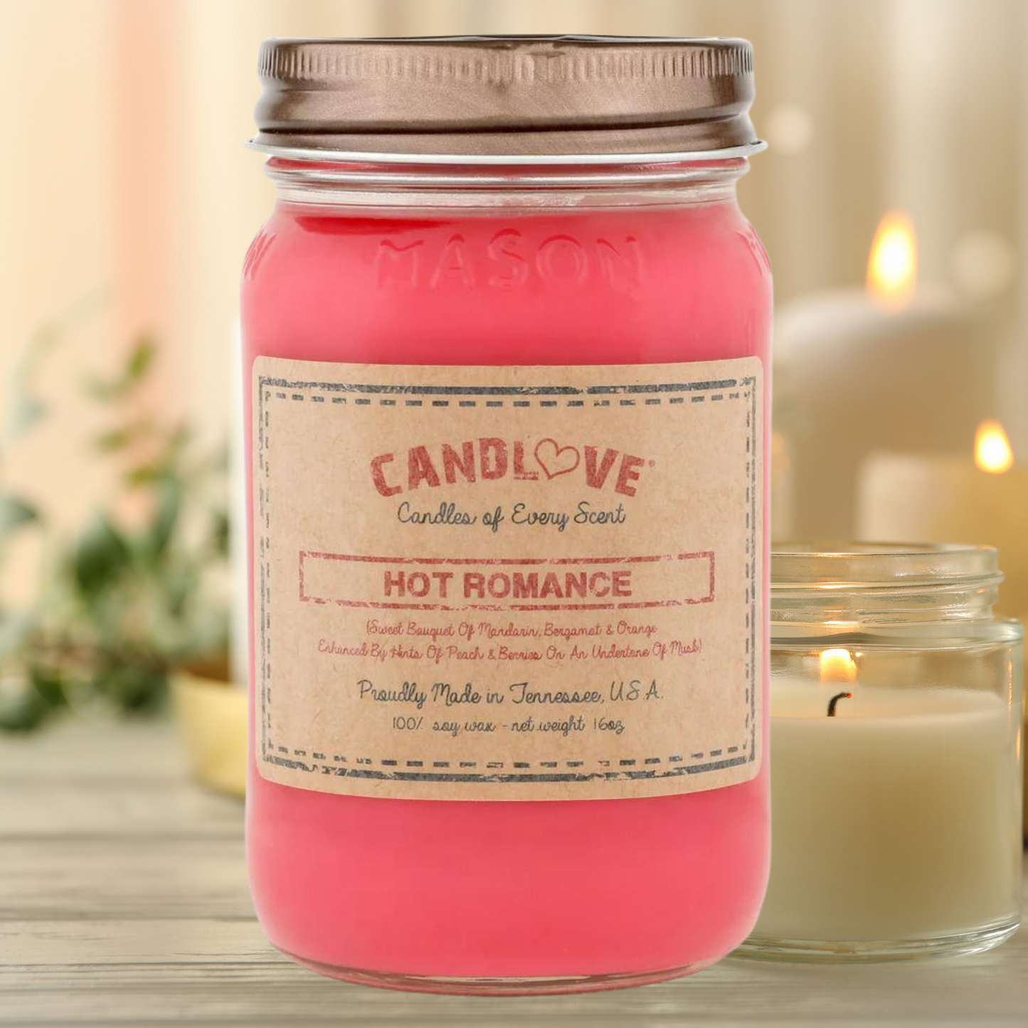 Candlove Hot Romance Scented Candle - Non-Toxic 100% Soy Candle - Handmade & Hand Poured Long Burning Candle - Highly Scented All Natural Clean Burning Candle (16 OZ Mason Jar) Made in The USA