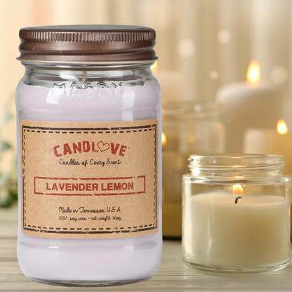 Candlove Lavender Lemon Scented Candle - Non-Toxic 100% Soy Candle - Handmade & Hand Poured Long Burning Candle - Highly Scented All Natural Clean Burning Candle (16 OZ Mason Jar) Made in The USA