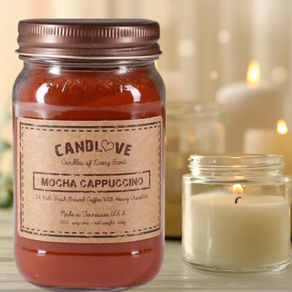Candlove Mocha Cappuccino Scented Candle - Non-Toxic 100% Soy Candle - Handmade & Hand Poured Long Burning Candle - Highly Scented All Natural Clean Burning Candle (16 OZ Mason Jar) Made in The USA
