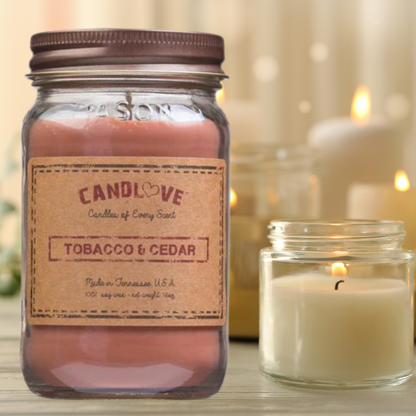 Candlove Tobacco Cedar Scented Candle - Non-Toxic 100% Soy Candle - Handmade & Hand Poured Long Burning Candle - Highly Scented All Natural Clean Burning Candle (16 OZ Mason Jar) Made in The USA
