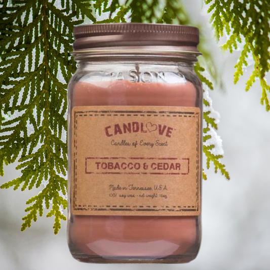 Candlove Tobacco Cedar Scented Candle - Non-Toxic 100% Soy Candle - Handmade & Hand Poured Long Burning Candle - Highly Scented All Natural Clean Burning Candle (16 OZ Mason Jar) Made in The USA