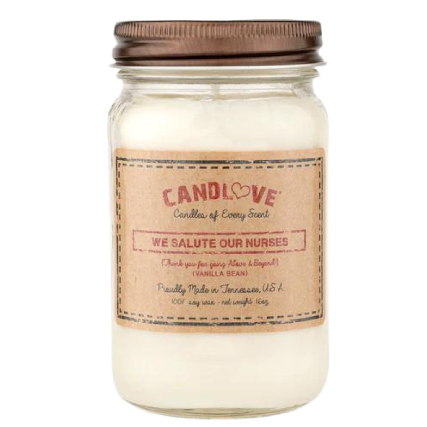 Candlove Vanilla We Salute Nurses Scented Candle - Non-Toxic 100% Soy Candle - Handmade & Hand Poured Long Burning Candle - Highly Scented All Natural Clean Burning Candle (16 OZ Mason Jar) Made in The USA
